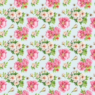 Suluboya çiçeklerinin kusursuz deseni, pembe ve beyaz köpek gülü tomurcukları ve yaprakları. Şık bir stil..