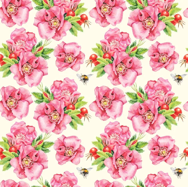 Patrón Sin Costuras Flores Acuarela Brotes Hojas Rosa Perro Rosa — Foto de Stock