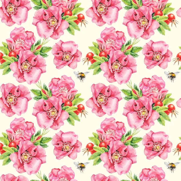 Seamless pattern of watercolor flowers, buds and leaves of pink dog-rose. Shabby chic style.