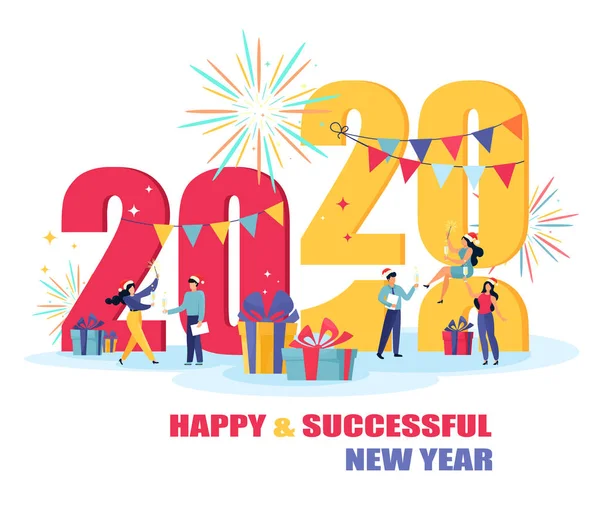 Tarjeta Visita Feliz Año Nuevo 2020 Ilustración Vectorial Con Gente — Vector de stock
