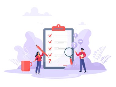 Araştırma vektör illüstrasyonu. Kalite testi ve memnuniyet raporlu düz mini insanlar konsepti. Müşterilerden geri bildirim ya da görüş formu. Müşteri anlayışa profesyonel araştırma ekibiyle cevap verir