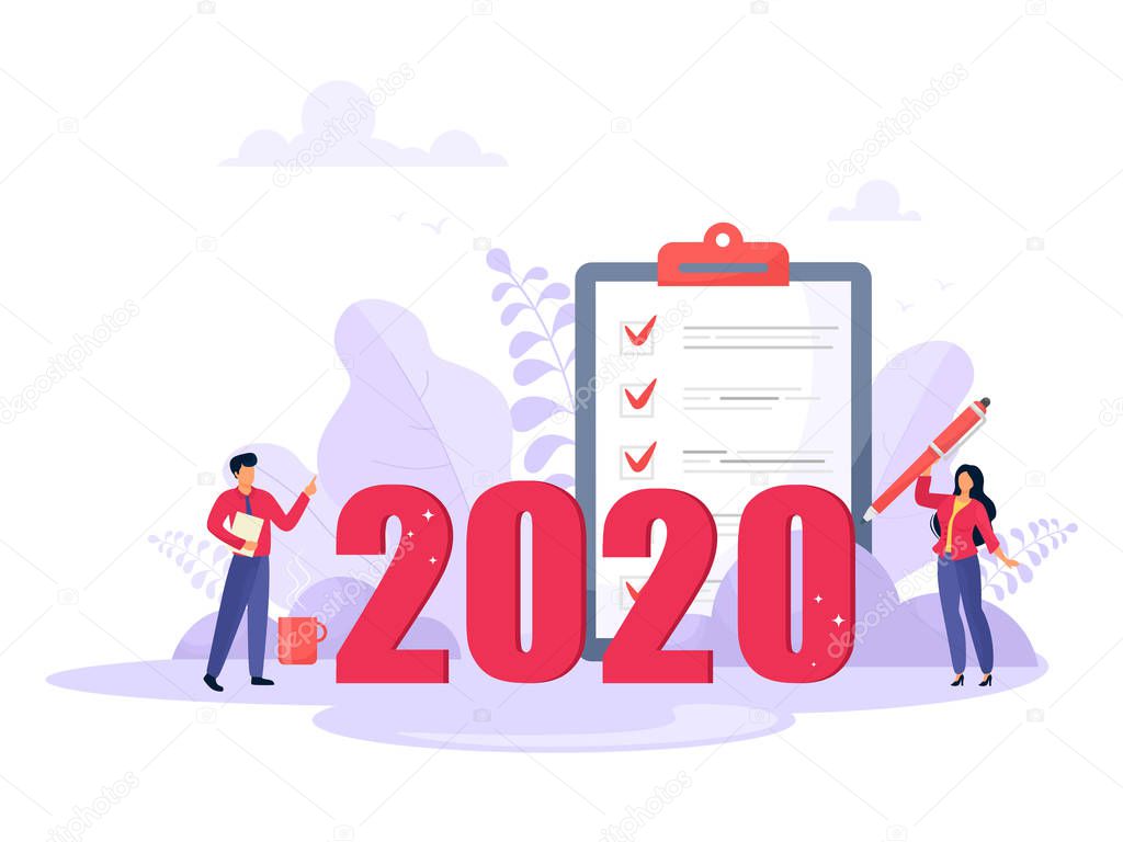 Illustration with characters for the business calendar for 2020. Vector isolate in cartoon flat style.