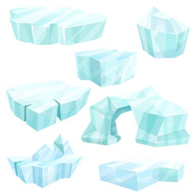 Gerçekçi buz kristalleri, kırık buzdağları, soğuk donmuş buz blokları, çizgi film dizaynı için kış manzarası. Beyaz arkaplanda vektör izolasyonu.
