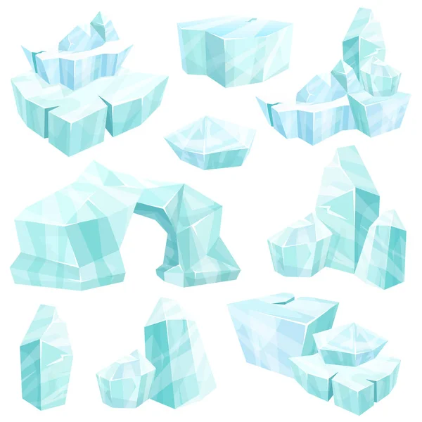 一套现实的冰晶 破碎的冰山 冰冷冰冻的冰块 游戏卡通设计的冬季景观 矢量在白色背景下分离 — 图库矢量图片