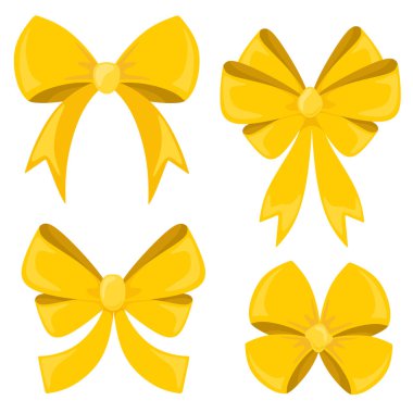 Altın fiyonk hazır. Noel için saten sarı fiyonklar ve hediye paketi. Çizgi film düz stiliyle vektör izole eder.