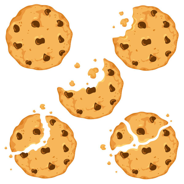 Traditional cookies with chocolate crisps. Bitten, broken, cookie crumbs. Vector illustration in cartoon flat style.