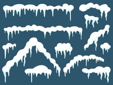 Buz saçakları, kar örtüleri. Dekor ve ağ için karlı elementler. Çizgi film düz stiliyle vektör illüstrasyonu.