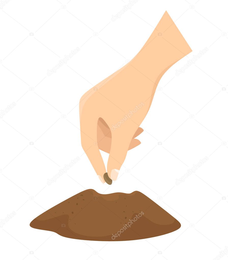 A hand plants a seed in the ground. Breeding, agricultural theme. Vector character in cartoon flat style on a white background.