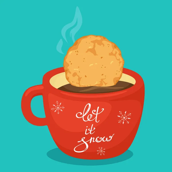 Červený Hrnek Horkou Čokoládou Sušenkami Písmena Sněží Vektorová Ilustrace Kresleném — Stockový vektor