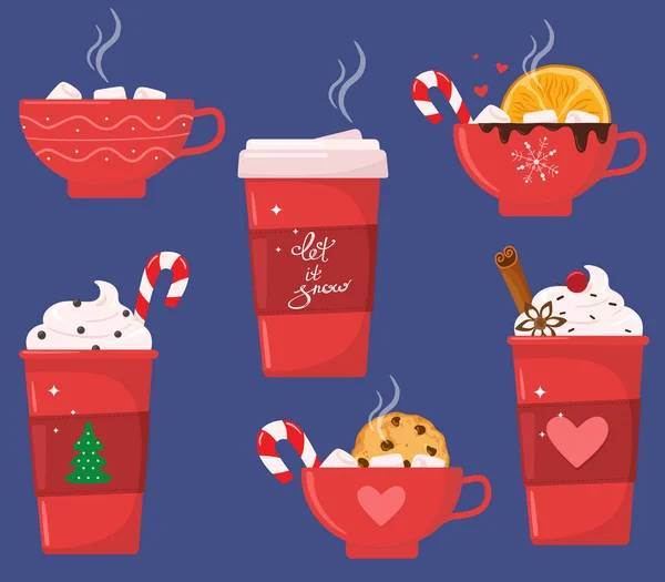 Weihnachtsfeiertagskaffee Oder Schokotasse Kakao Mit Marshmallows Wärmende Wintergetränke Heiße Schokoladentassen — Stockvektor