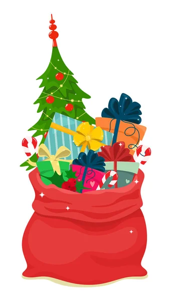 Bolsa Navidad Santa Con Árbol Navidad Regalos Feliz Navidad Vector — Vector de stock