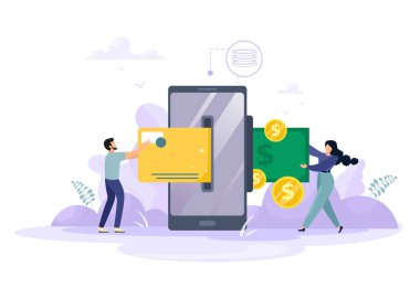 Mobil ödeme ya da para transferi konsepti. Küçük karakterli e-ticaret, ödemeler, alışveriş, alım satım. Çizgi film düz stiliyle vektör illüstrasyonu.