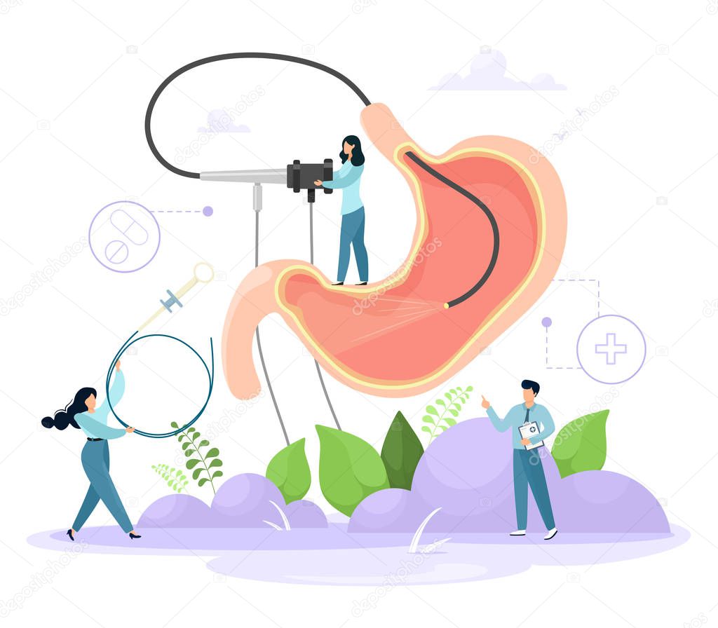 Diagnosis of the stomach using endoscopy. Human stomach with endoscope inside, tiny doctors characters. Vector concept in cartoon flat style.