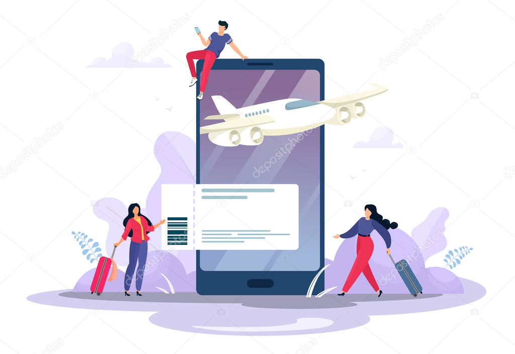 Online ticket concept. Buying tickets from your smartphone. Branching and buying tickets for travel. Recreation and tourism. Vector illustration with tiny characters in cartoon flat style.