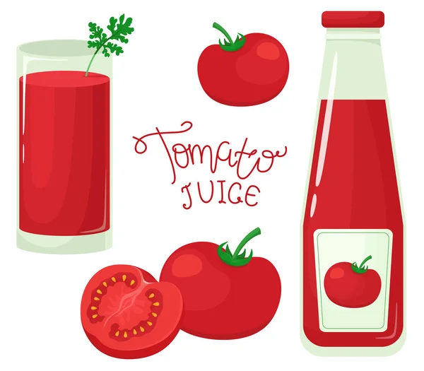 Conjunto Tomates Vaso Una Botella Jugo Tomate Ilustración Vectorial Estilo — Archivo Imágenes Vectoriales