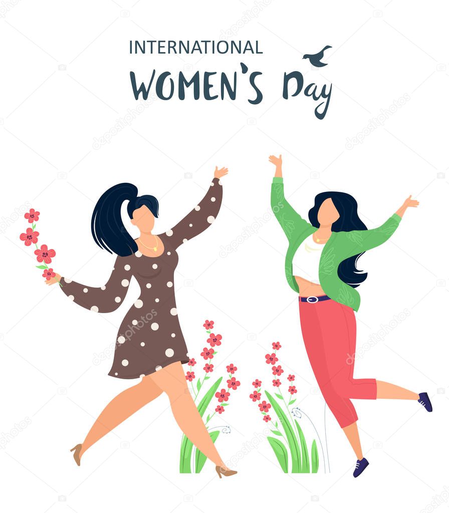 International Women's Day. Cute card with cheerful girls in flowers. Vector illustration in cartoon style. Lettering, handwritten text.