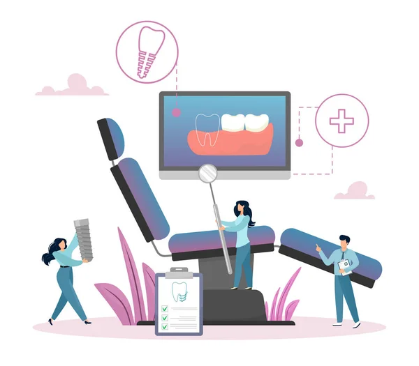 Prothèses Dentaires Concept Minuscule Humain Mettent Implant Dentaire Illustration Vectorielle — Image vectorielle