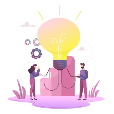Fikir üretme konsepti. Ampul parlıyor. Küçük adamlar bir fikir üretiyor, ampul parlıyor bir fikir gibi görünüyor, yaratıcılığın, fikirlerin, aklın, düşüncenin sembolü..