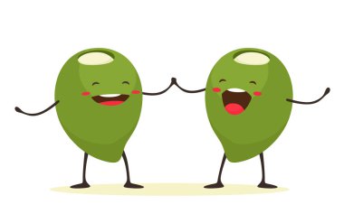 Bademle doldurulmuş komik zeytinler. Beyaz arkaplan üzerinde çizgi film düz stiliyle izole et.