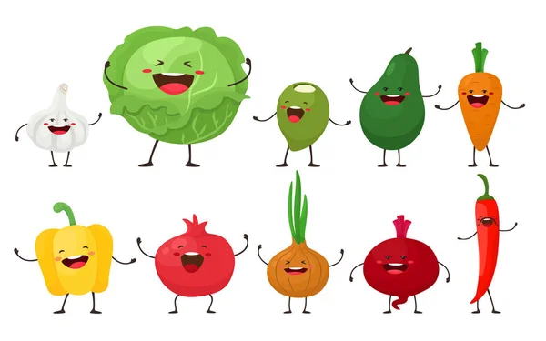 Zabawne Kreskówkowe Warzywa Izolaty Wektorowe Kreskówkowym Stylu Płaskim Białym Tle — Wektor stockowy