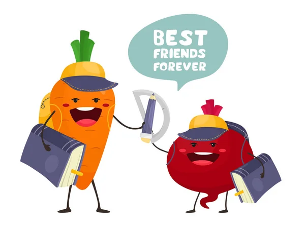 Funny Vegetables Schoolchildren Beets Carrots Back School Vector Isolate Cartoon — Stock Vector