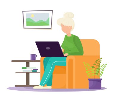 Modern bir büyükanne bilgisayarda bir sandalyede oturur ve internetten iletişim kurar. Çizgi film düz stiliyle izole et.