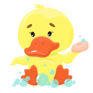 Sabun köpüğünün içinde tatlı ördek yavrusu banyosu. Çizgi film düz stiliyle vektör illüstrasyonu.