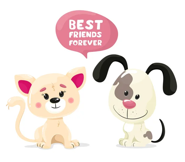 Cute Kitten Puppy Friends Forever Text Bubble Lettering Vector Illustration — Stock Vector