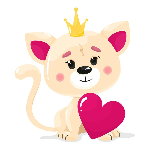 Cute Kitty Lady Crown Heart Vector Illustration Cartoon Style White — Stock Vector
