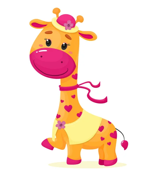 Jolie Girafe Fille Avec Chapeau Ruban Illustration Vectorielle Style Plat — Image vectorielle
