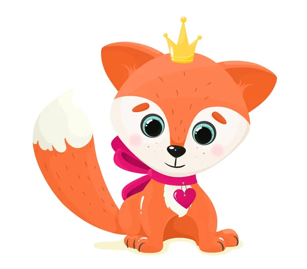 Cute Fox Crown Ribbon His Neck Vector Isolate Cartoon Flat — Stock Vector