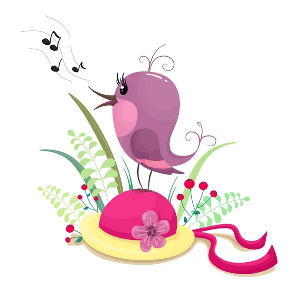 Oiseau Chante Sur Joli Chapeau Dans Herbe Illustration Vectorielle Style — Image vectorielle