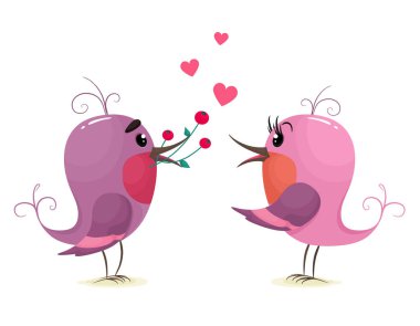 Aşık tatlı kuşlar. Çizgi filmlerdeki gibi izole et. Beyaz arkaplan.