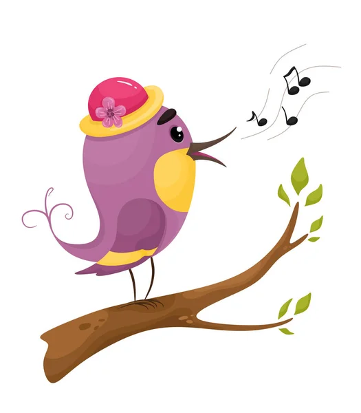 Χαριτωμένο Πουλί Τραγουδάει Ένα Κλαδί Πουλί Καπέλο Εικονογράφηση Διάνυσμα Καρτούν — Διανυσματικό Αρχείο