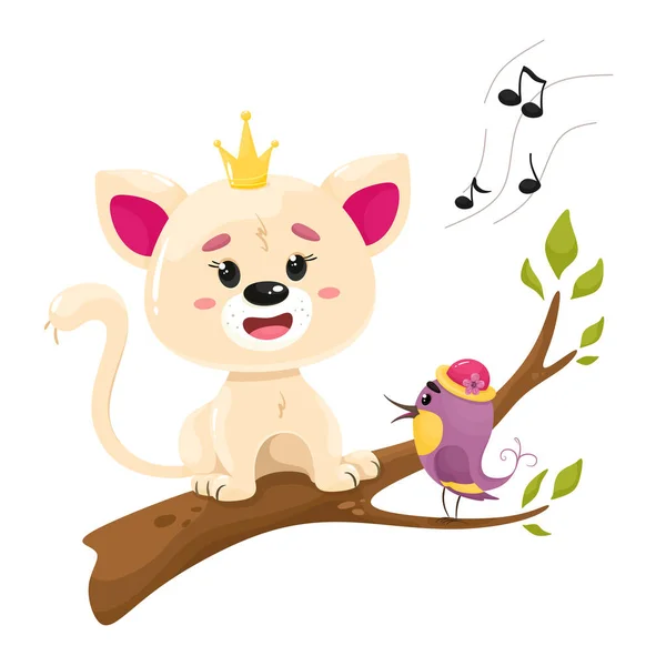 Cute Kitty Bird Singing Tree Vector Illustration Cartoon Flat Style — Stock Vector