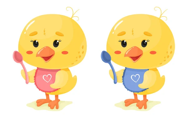 可爱的小鸡男孩和女孩的勺子 向量以卡通平面风格分离 很适合婴儿食品 — 图库矢量图片