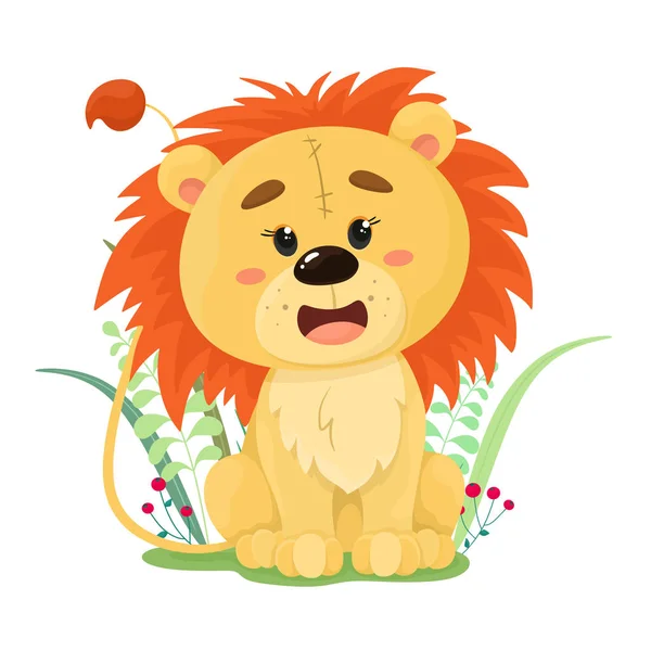 Petit Lion Mignon Drôle Dans Herbe Illustration Vectorielle Dessin Animé — Image vectorielle