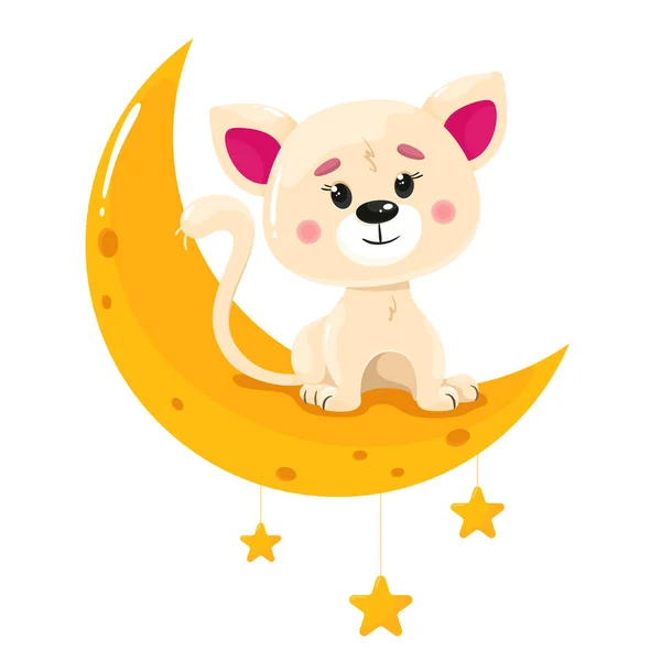 Cute Kitten Sitting Moon Vector Illustration Cartoon Style White Background — Stock Vector