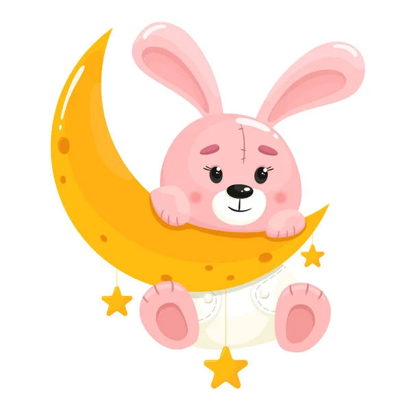 Mignon Lapin Dessin Animé Sur Lune Illustration Vectorielle Style Plat — Image vectorielle