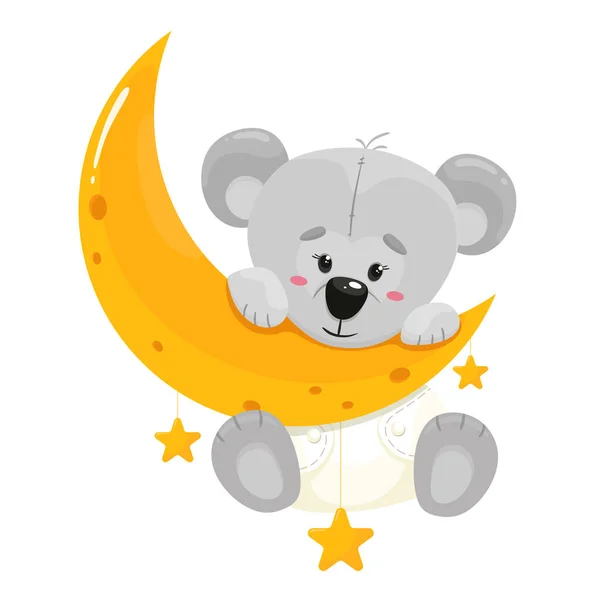 Mignon Ours Peluche Dessin Animé Sur Lune Illustration Vectorielle Style — Image vectorielle