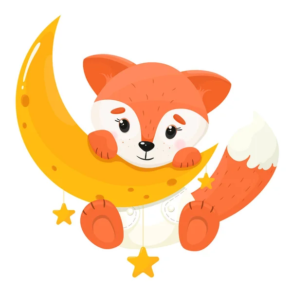Cute Cartoon Fox Moon Vector Illustration Cartoon Flat Style White — Stock Vector