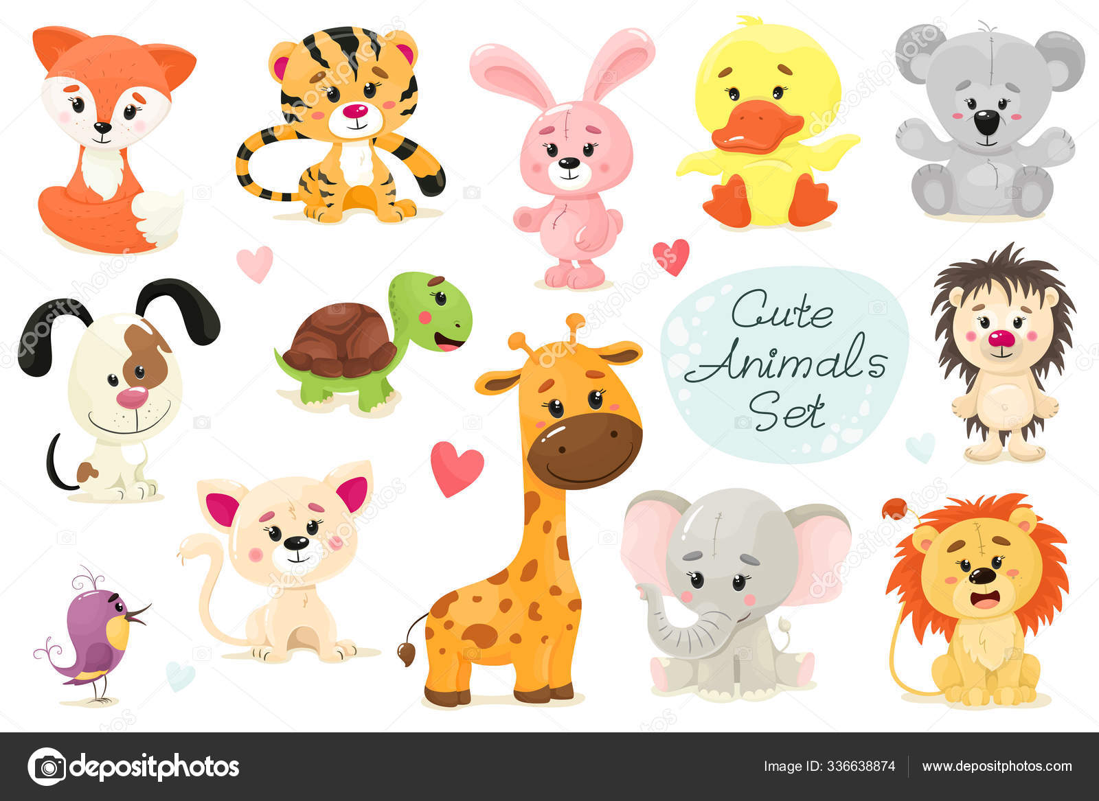 Cute Set Animals Vector Animal Isolates Cartoon Flat Style White ...