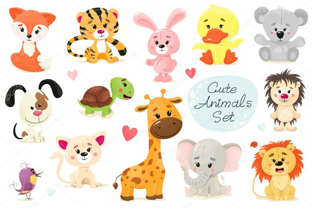 Cute set of animals. Vector animal isolates in cartoon flat style. White background.