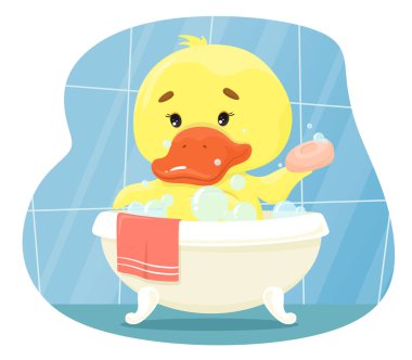 Cute duckling is washing in the bathroom with baby soap. Vector illustration in cartoon flat style.