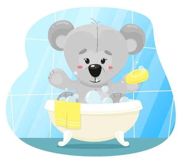 Ours Peluche Mignon Lave Dans Salle Bain Avec Savon Pour — Image vectorielle