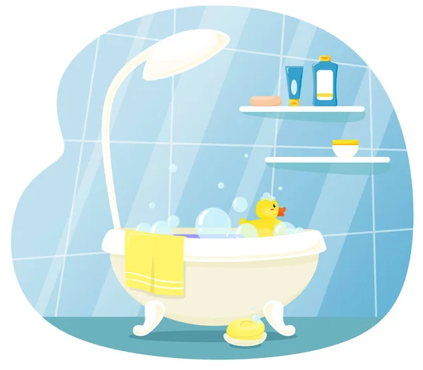 儿童浴室 配有一只鸭 用于洗澡和洗澡配件 卡通平面风格的矢量图解 — 图库矢量图片