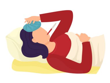 Kız sıcaklıkla yatıyor. Çizgi film düz stiliyle vektör illüstrasyonu.