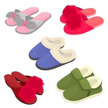 Set of home slippers, warm and summer slippers with pompons .. Vector isolates in cartoon flat style.