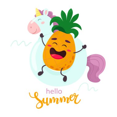Unicorn 'un lastik halkasının üzerinde olgun, neşeli bir ananas. Çizgi film tarzında vektör illüstrasyonu. Merhaba yaz, kaligrafi..