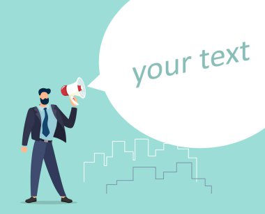 Mesaj var. Bir iş adamı bir metin lideriyle megafonla iletişim kurar. İş konsepti çizimi. Vektör.